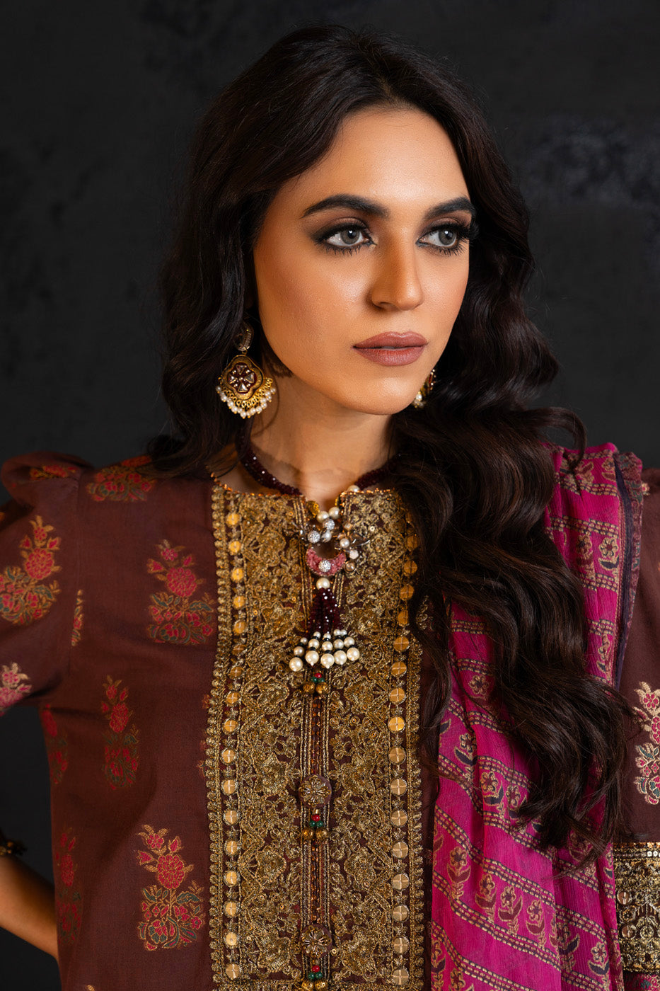 3 Pc Embroidered Jacquard Suit With Chiffon Dupatta