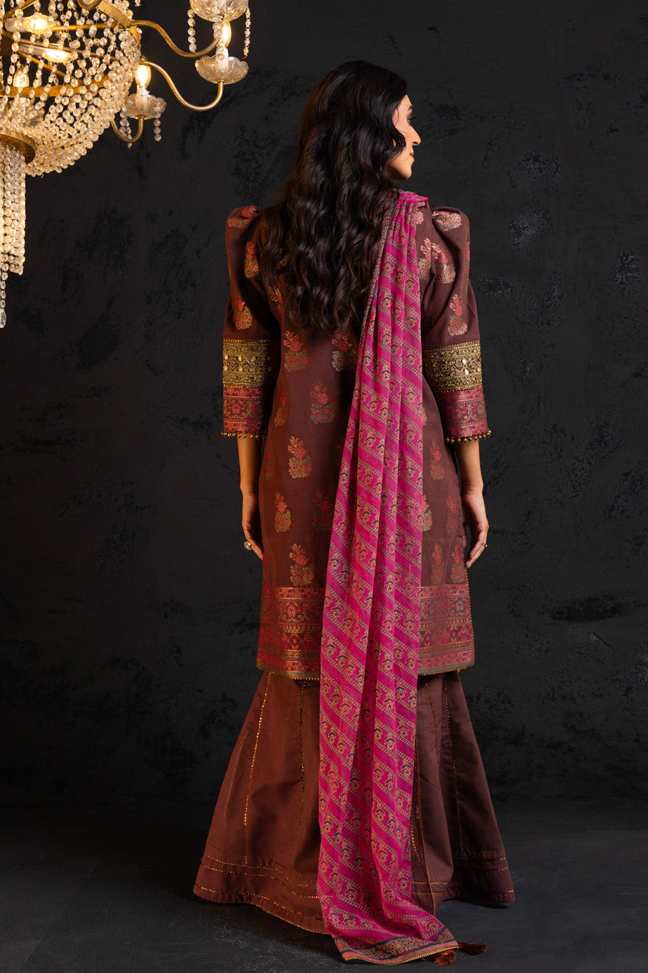 3 Pc Embroidered Jacquard Suit With Chiffon Dupatta