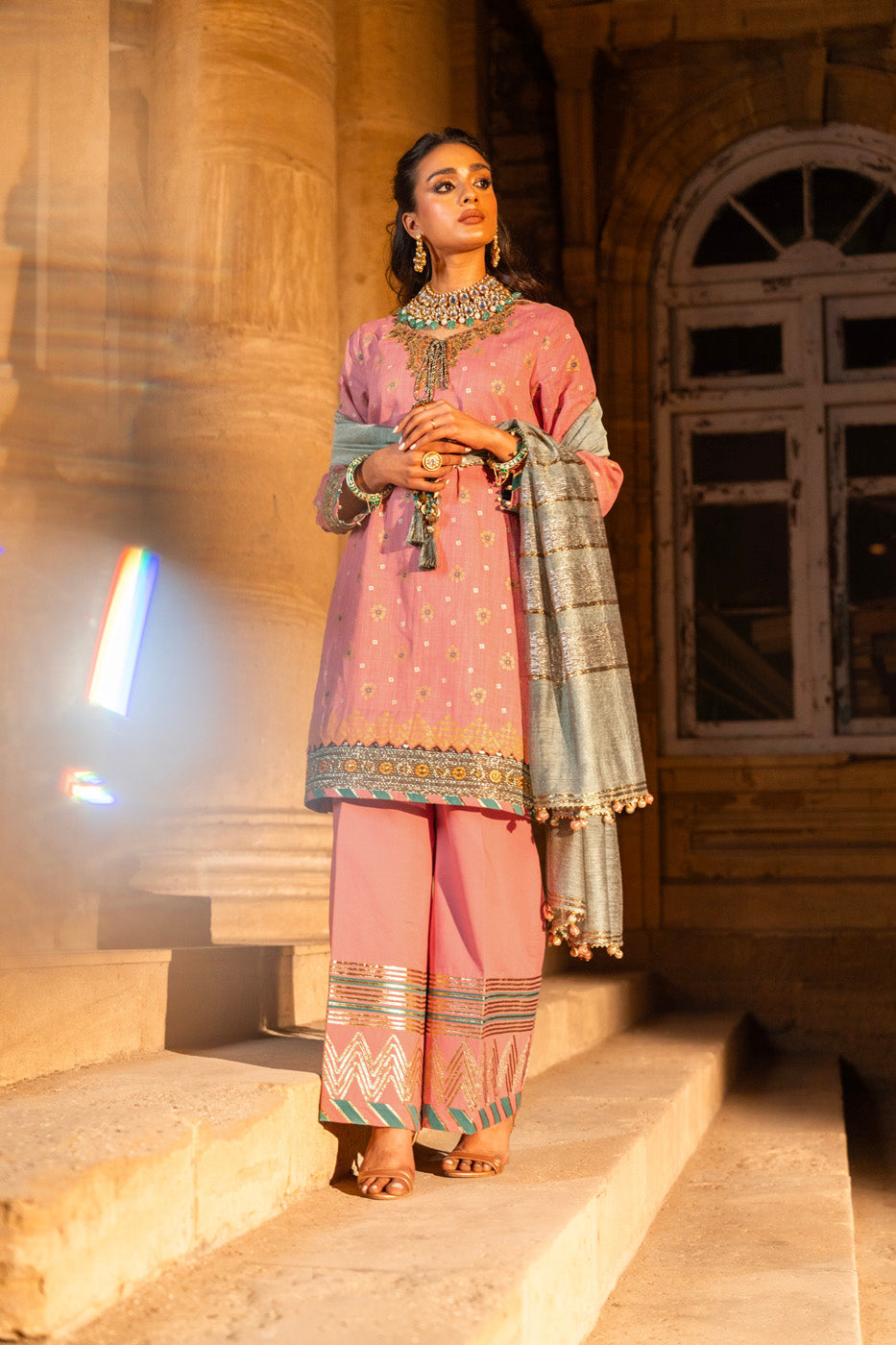 3 Pc Embroidered Two Way Slub Suit With Yarn Dyed Dupatta