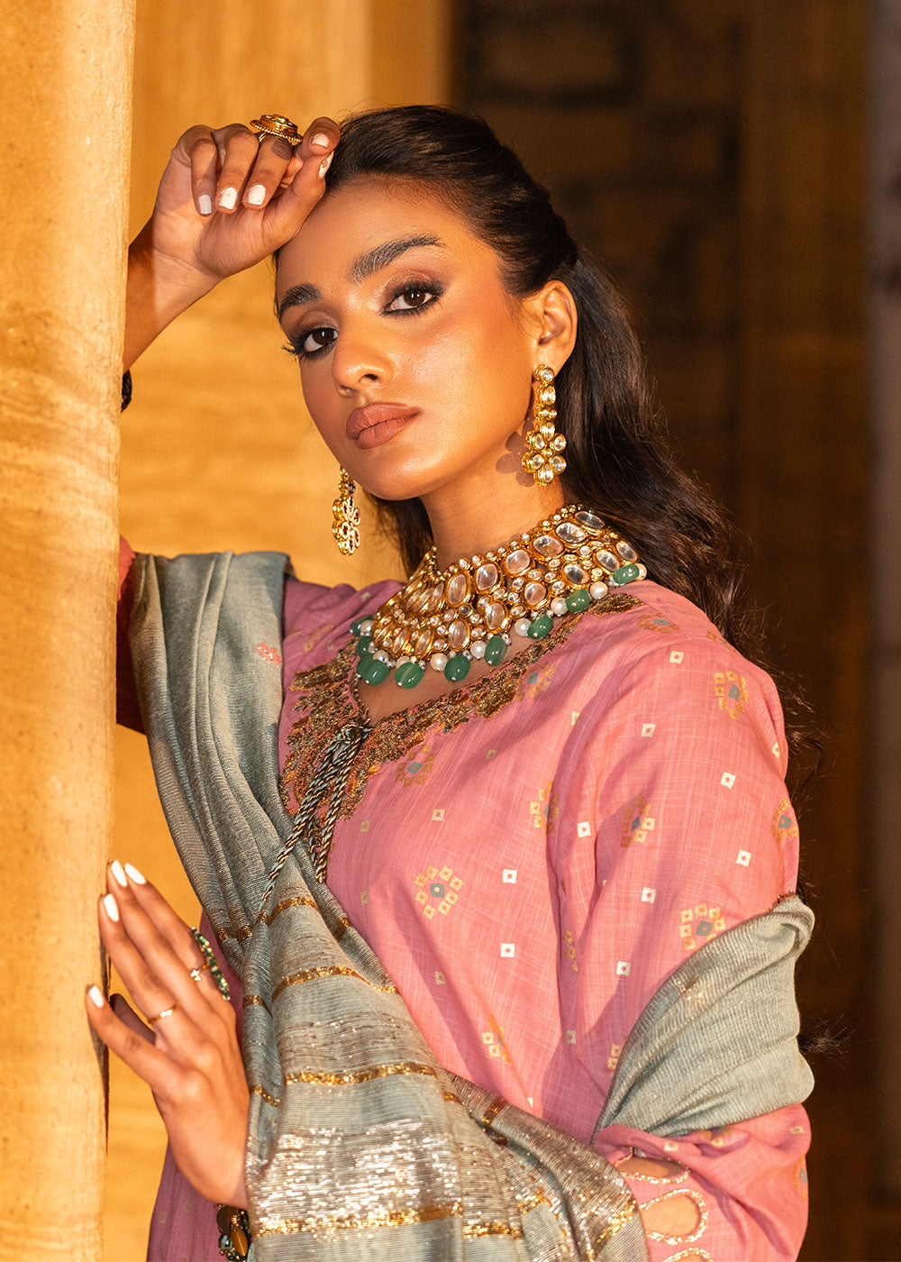 3 Pc Embroidered Two Way Slub Suit With Yarn Dyed Dupatta