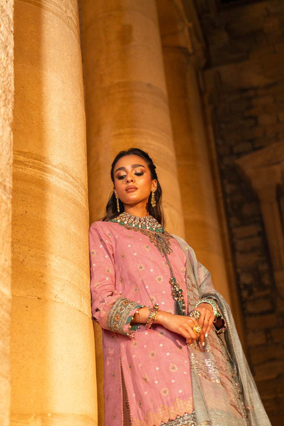 3 Pc Embroidered Two Way Slub Suit With Yarn Dyed Dupatta