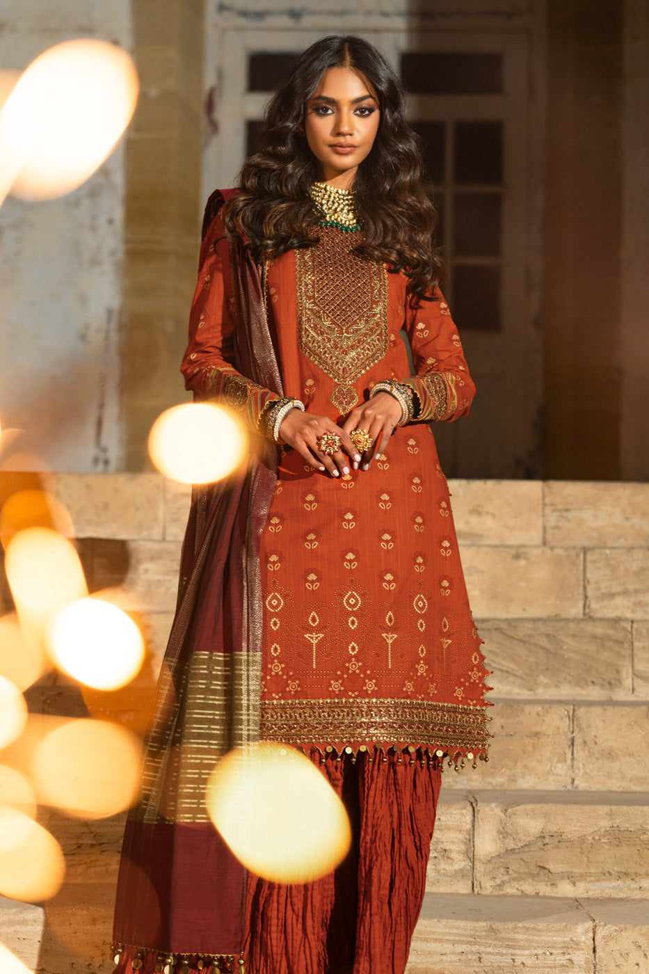 3 Pc Embroidered Two Way Slub Suit With Yarn Dyed Dupatta