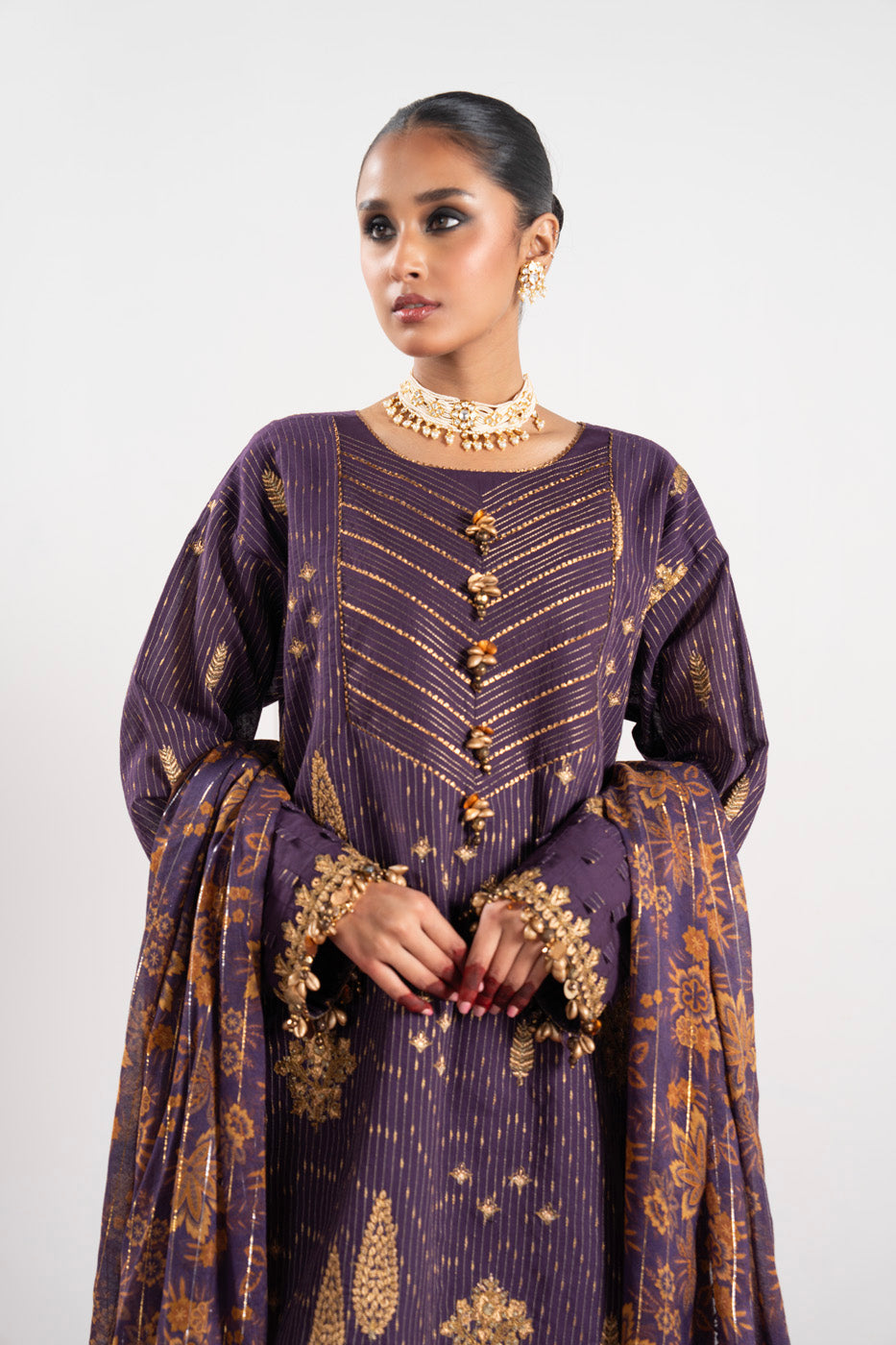 3 Pc Embroidered Dobby Zari Suit With Zari Lawn Dupatta