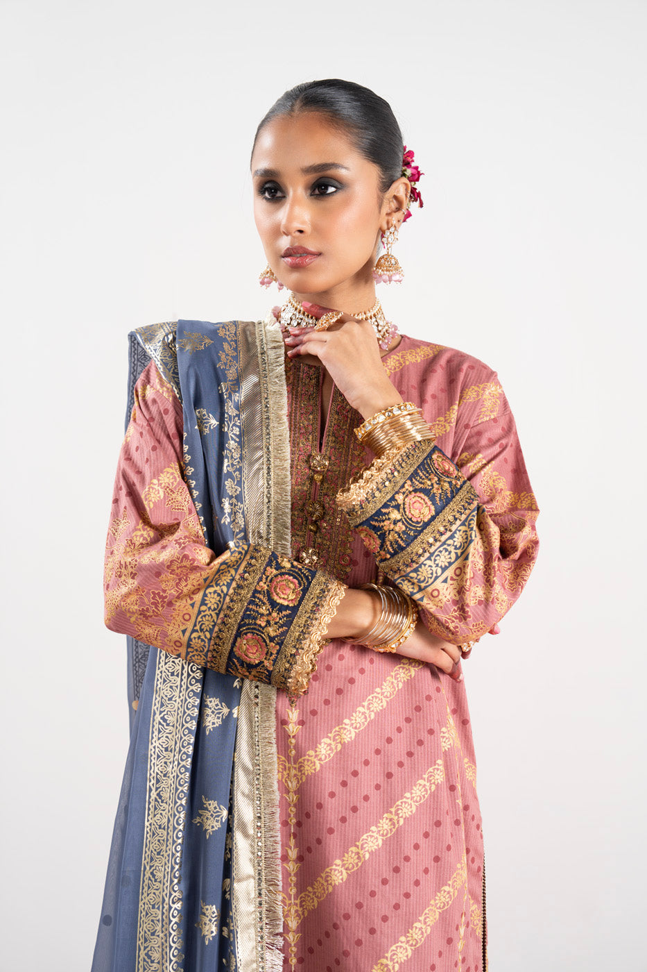 3 Pc Embroidered Doriya Suit With Foil Dupatta