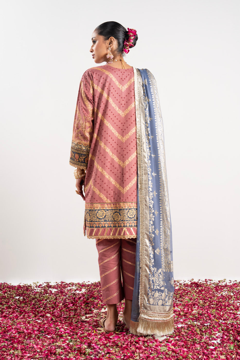 3 Pc Embroidered Doriya Suit With Foil Dupatta