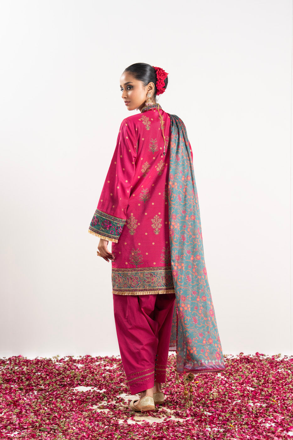 3 Pc Embroidered Thick Cambric Suit With Silk Dupatta