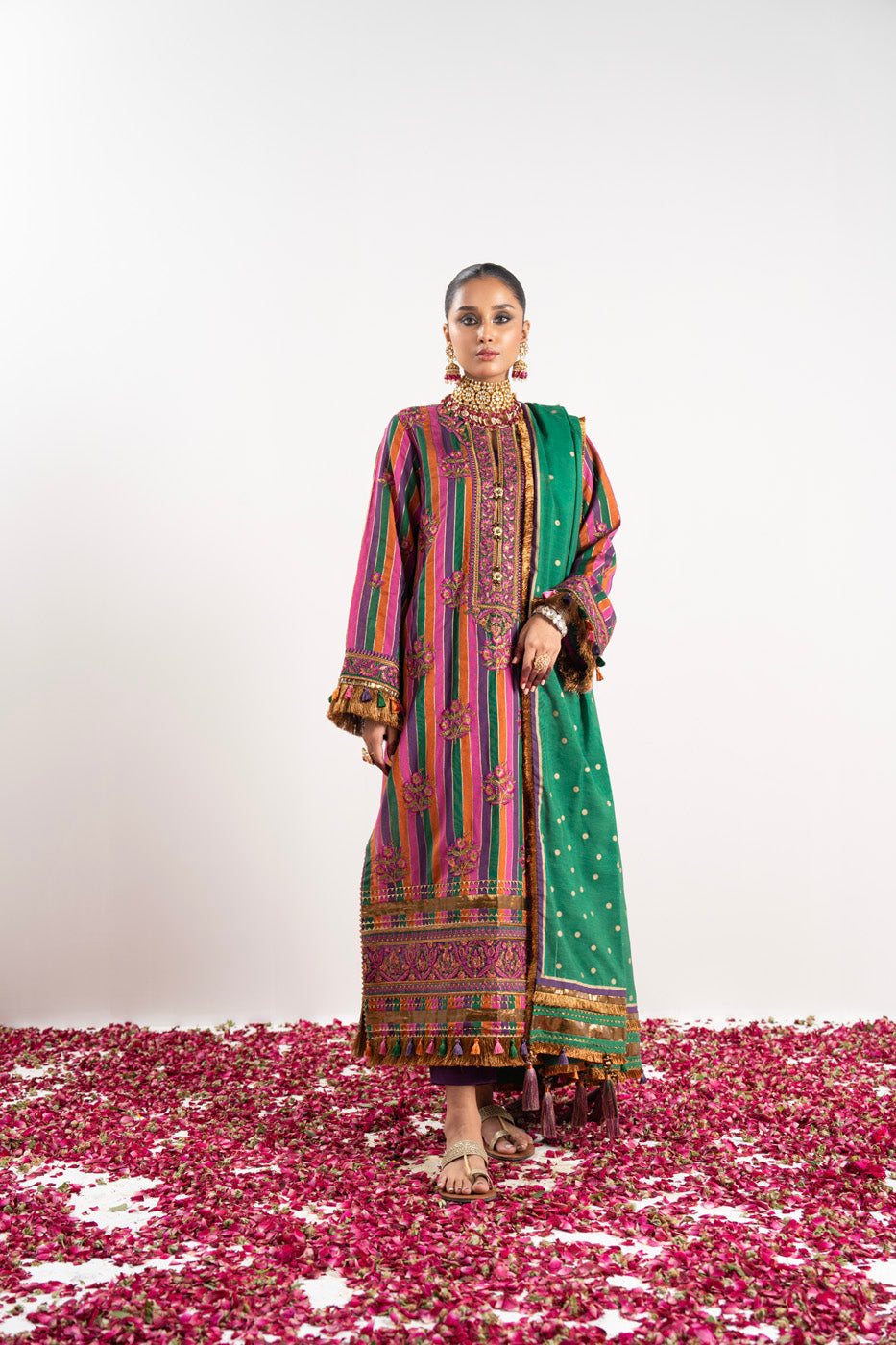 3 Pc Embroidered Yarn Dyed Silk Suit With Lawn Dupatta