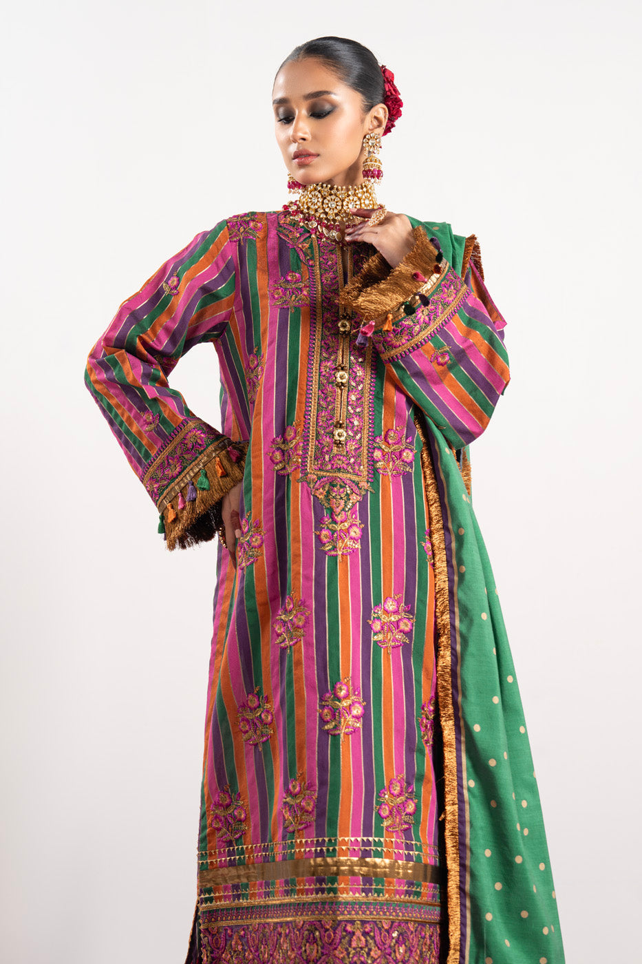 3 Pc Embroidered Yarn Dyed Silk Suit With Lawn Dupatta