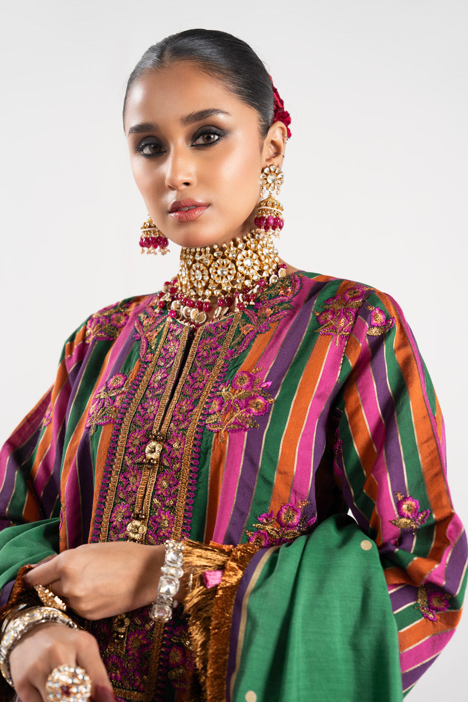 3 Pc Embroidered Yarn Dyed Silk Suit With Lawn Dupatta