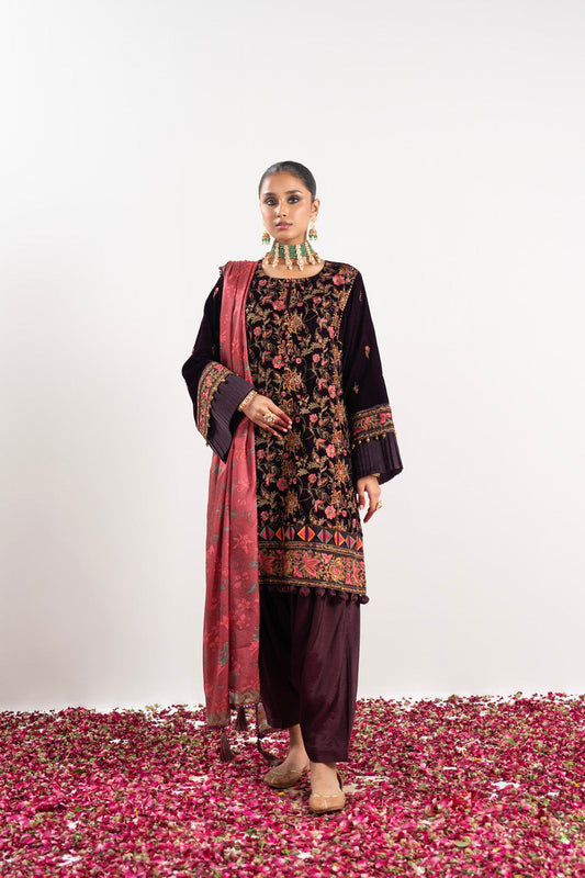 2 Pc Embroidered Dyed Velvet Suit With Silk Dupatta
