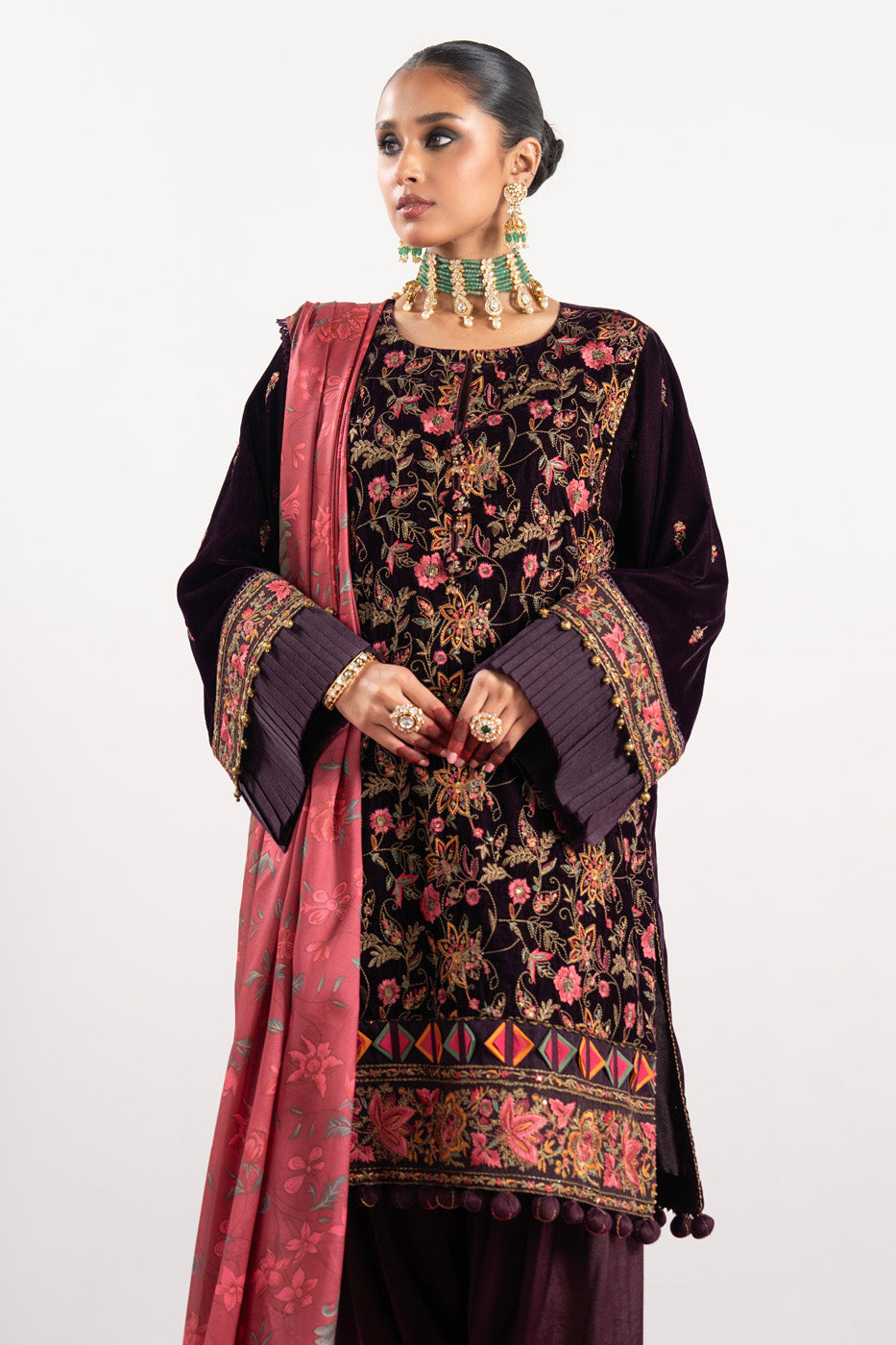 2 Pc Embroidered Dyed Velvet Suit With Silk Dupatta