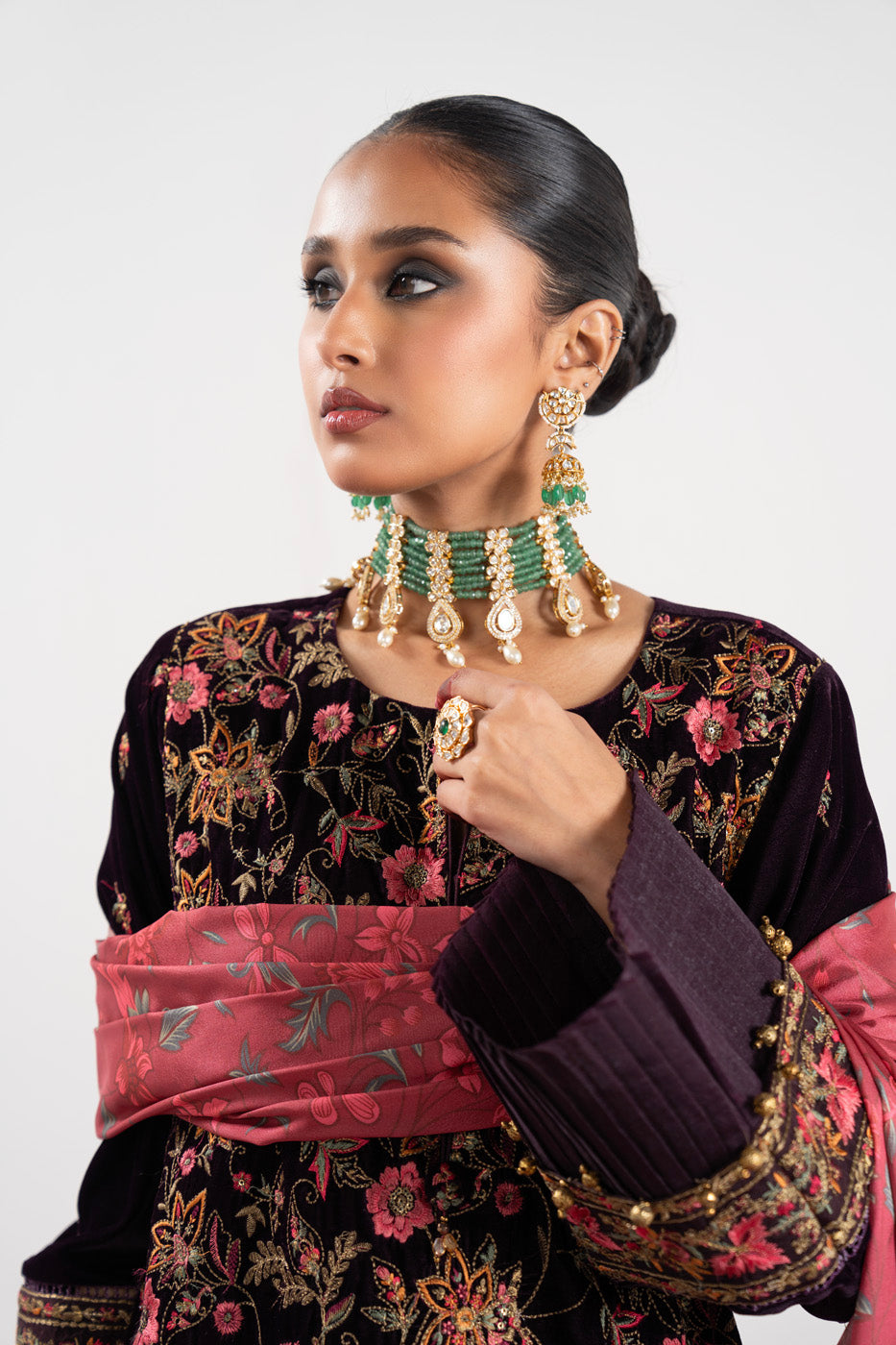 2 Pc Embroidered Dyed Velvet Suit With Silk Dupatta