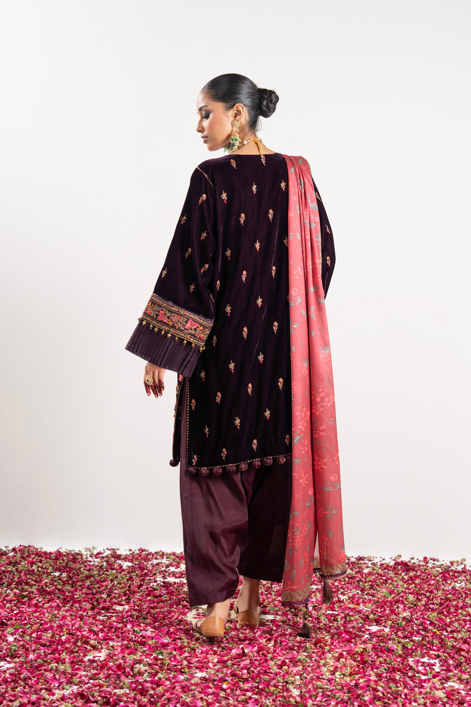 2 Pc Embroidered Dyed Velvet Suit With Silk Dupatta