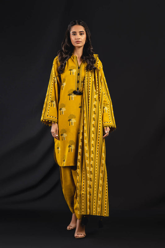 3 Pc Printed Khaddar Suit With Khaddar Dupatta
