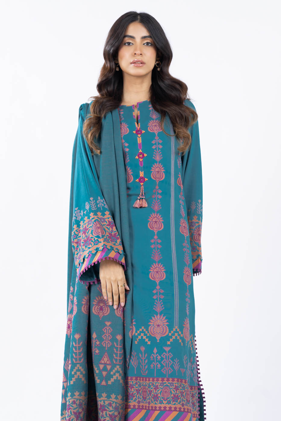 3 Pc Printed Viscose Suit With Jacquard Shawl