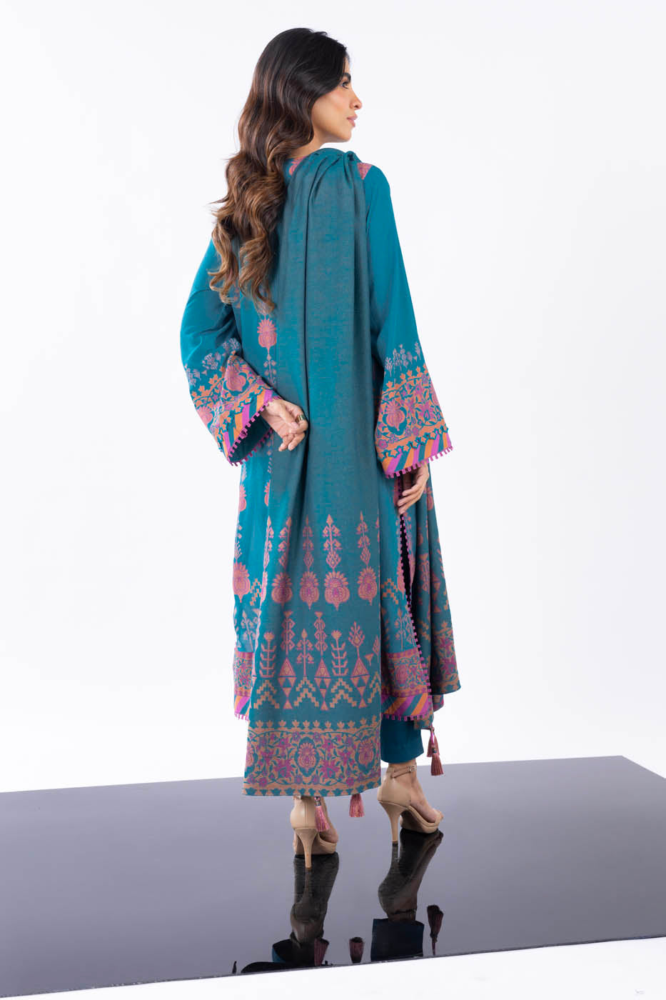 3 Pc Printed Viscose Suit With Jacquard Shawl