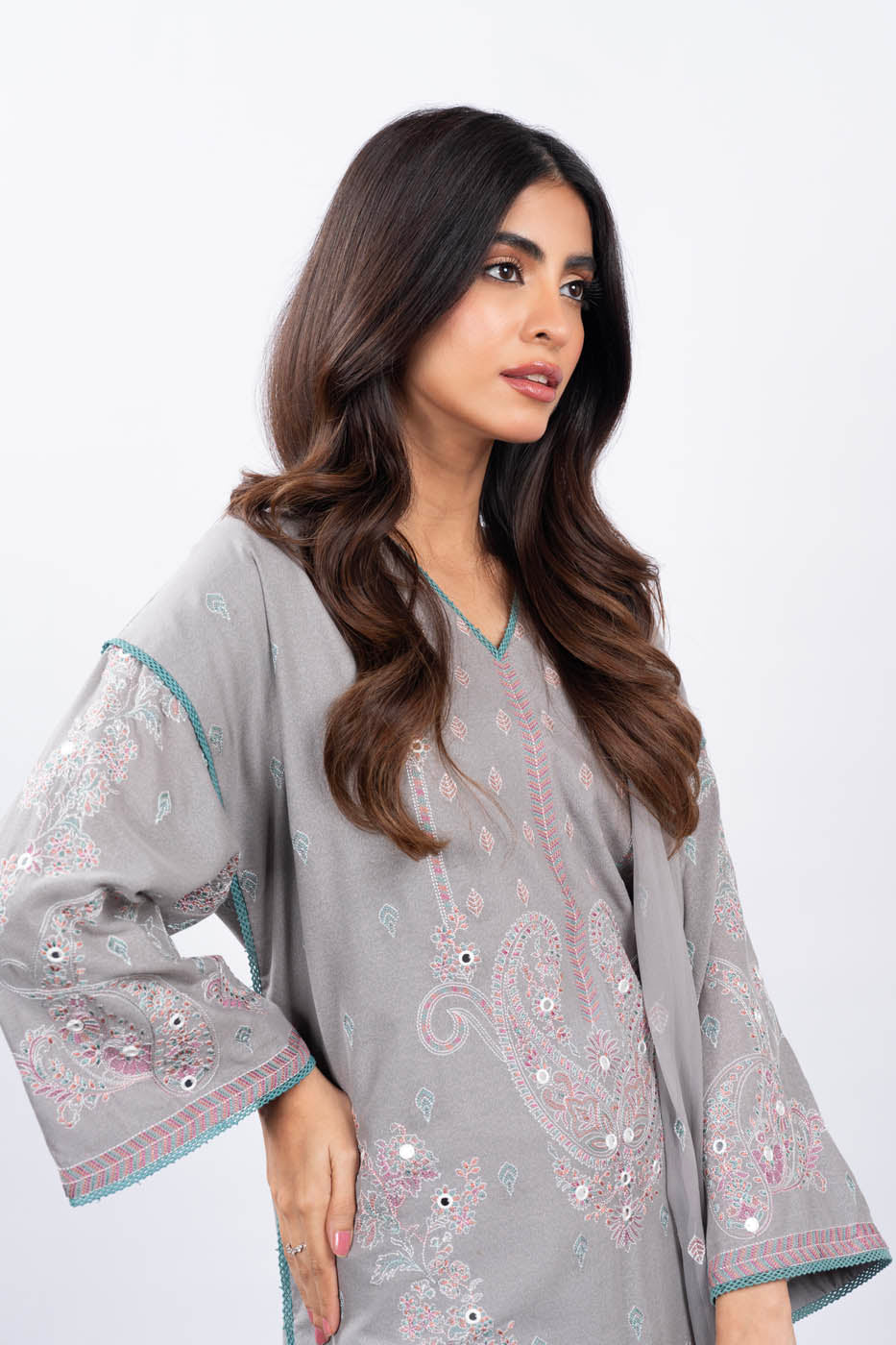 3 Pc Embroidered Karandi Suit With Chiffon Dupatta