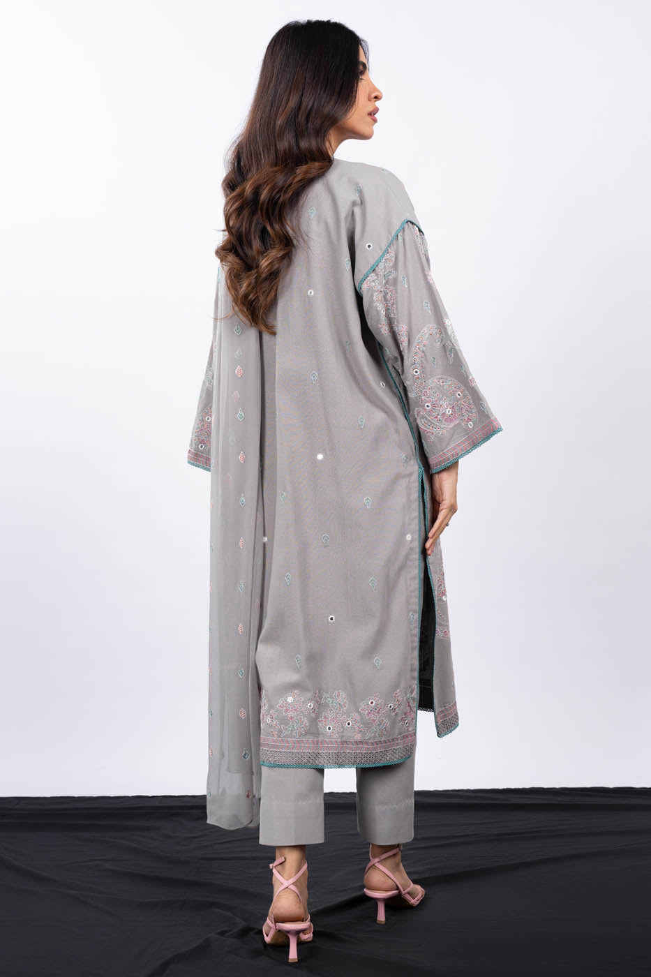 3 Pc Embroidered Karandi Suit With Chiffon Dupatta