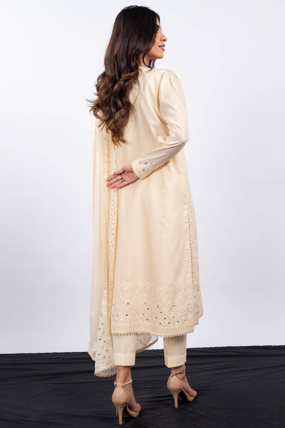 3 Pc Embroidered Karandi Suit With Chiffon Dupatta