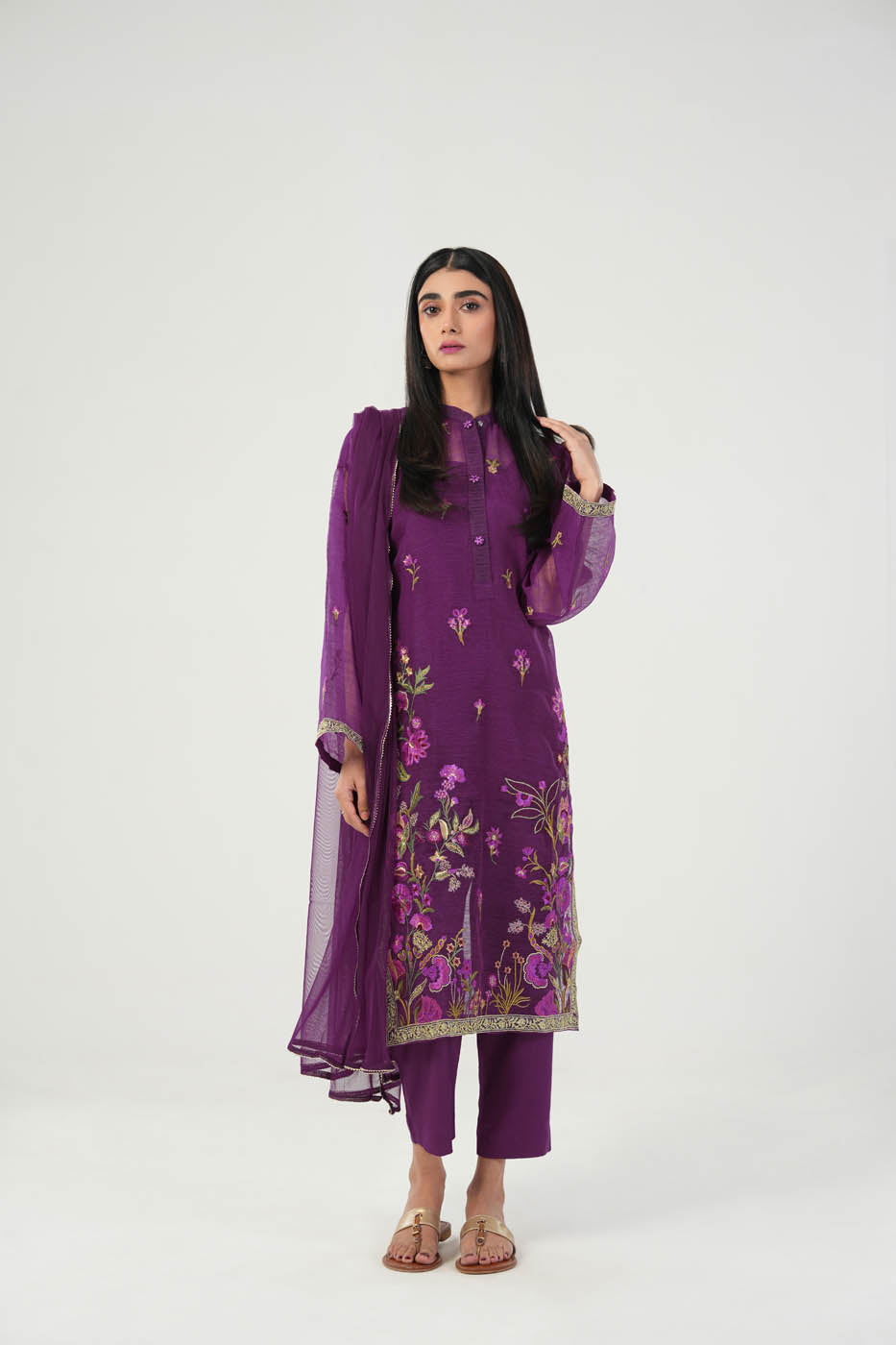 3 Pc Embroidered Poly Slub Outfit