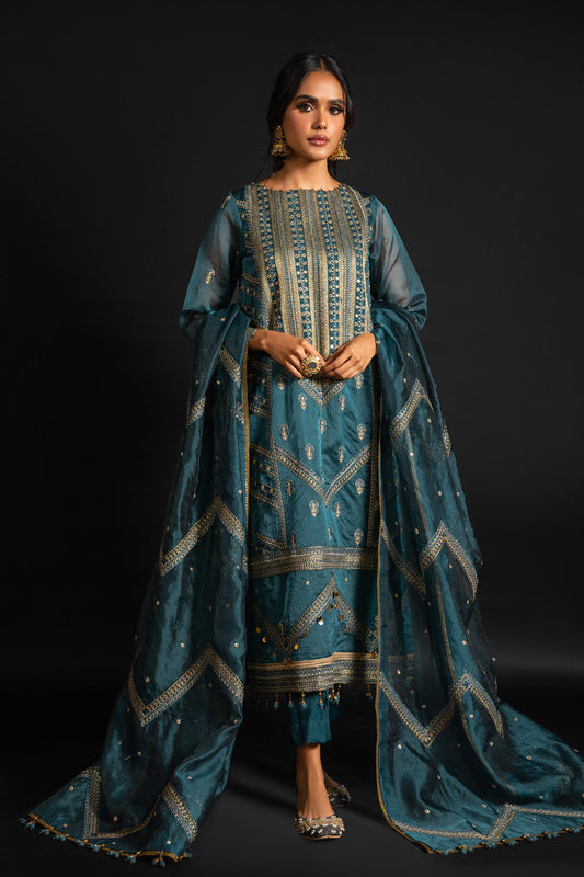 4 Pc Embroidered Two Toned Organza Suit With Two Toned Organza Dupatta
