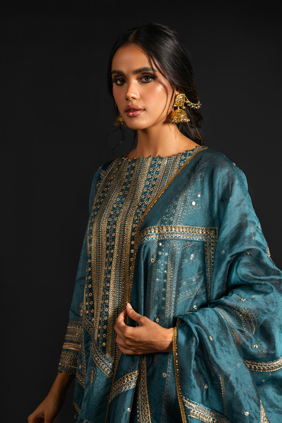4 Pc Embroidered Two Toned Organza Suit With Two Toned Organza Dupatta
