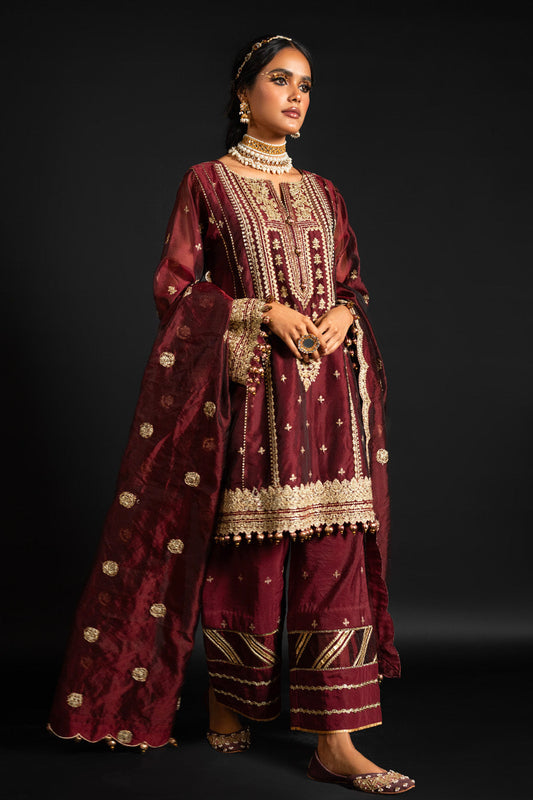 4 Pc Embroidered Two Toned Organza Suit With Two Tone Organza Dupatta
