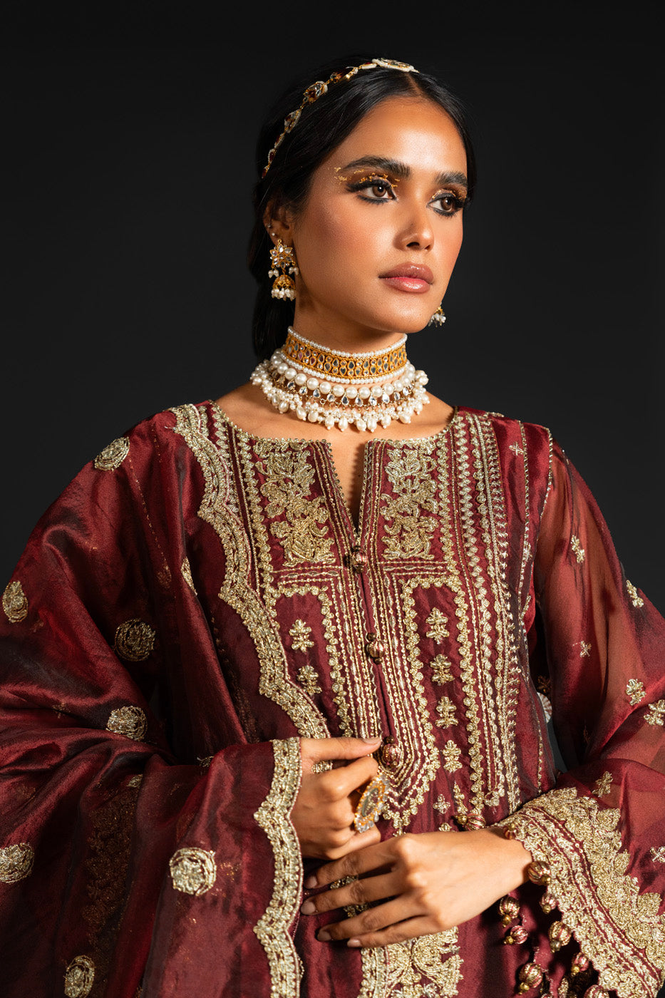 4 Pc Embroidered Two Toned Organza Suit With Two Tone Organza Dupatta