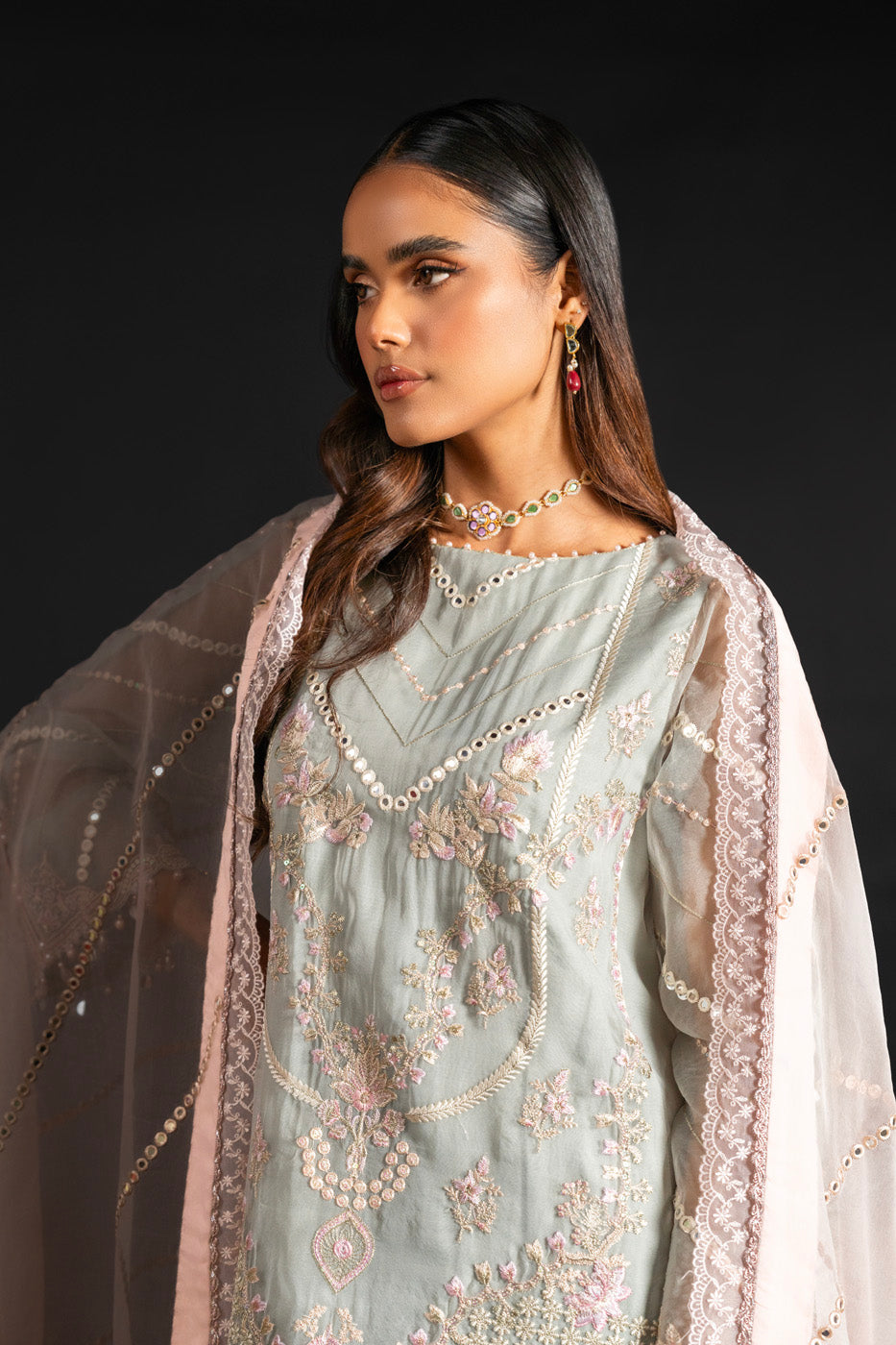 4 Pc Embroidered Organza Suit With Organza Dupatta