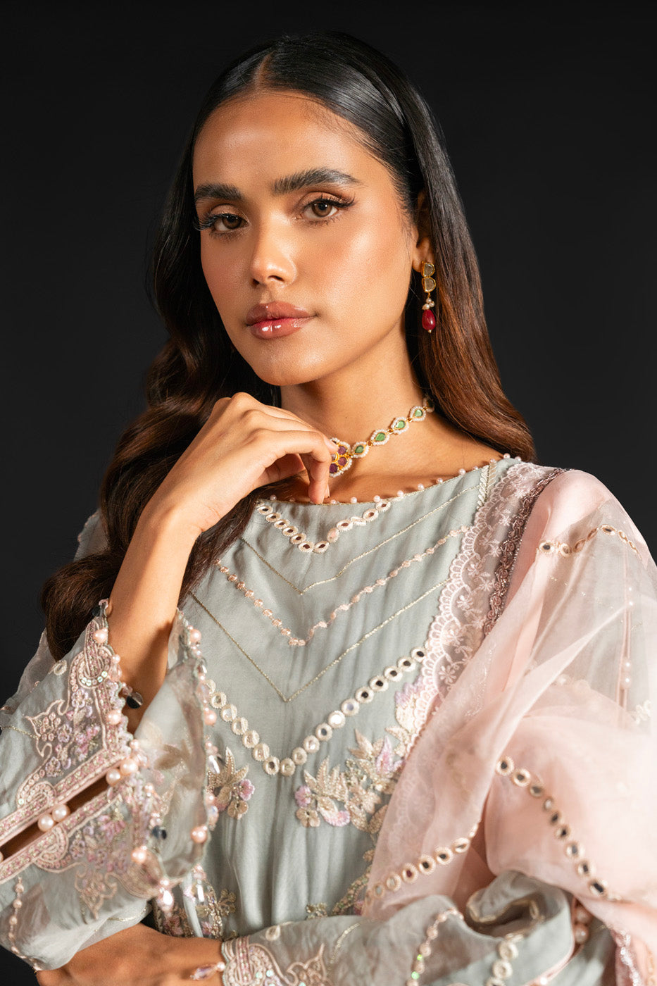 4 Pc Embroidered Organza Suit With Organza Dupatta