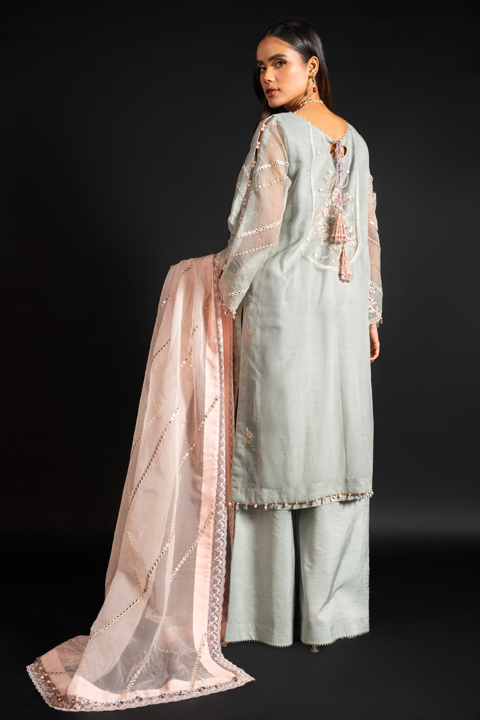 4 Pc Embroidered Organza Suit With Organza Dupatta