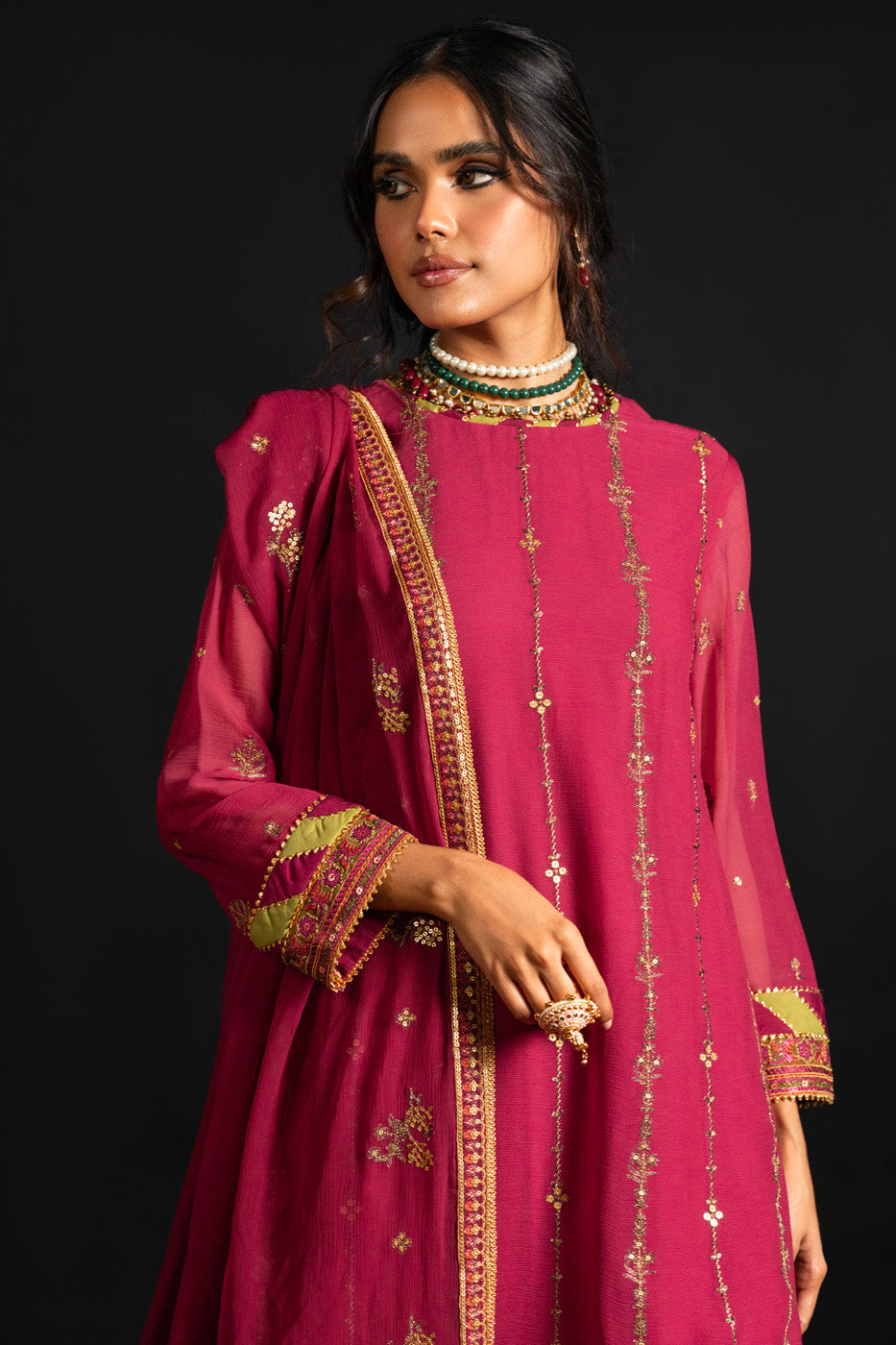 4 Pc Embroidered Chiffon Suit With Chiffon Dupatta