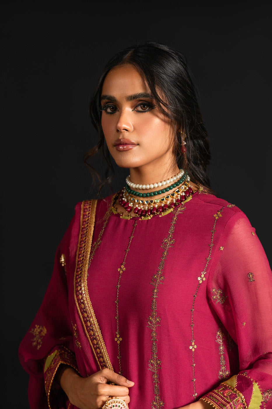 4 Pc Embroidered Chiffon Suit With Chiffon Dupatta