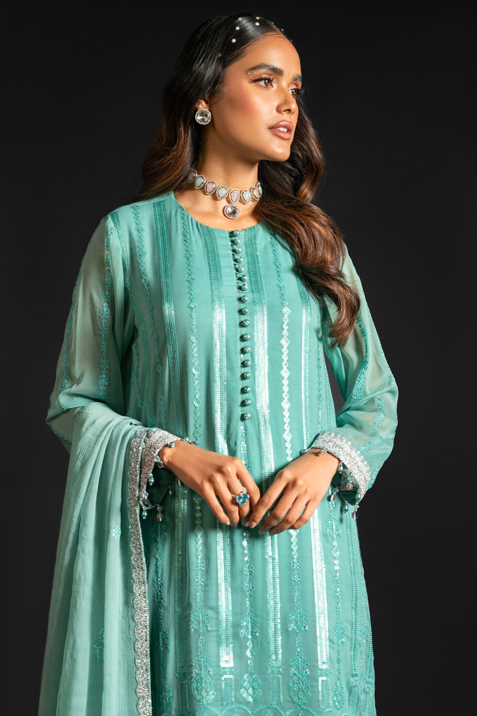 4 Pc Embroidered Chiffon Suit With Chiffon Dupatta