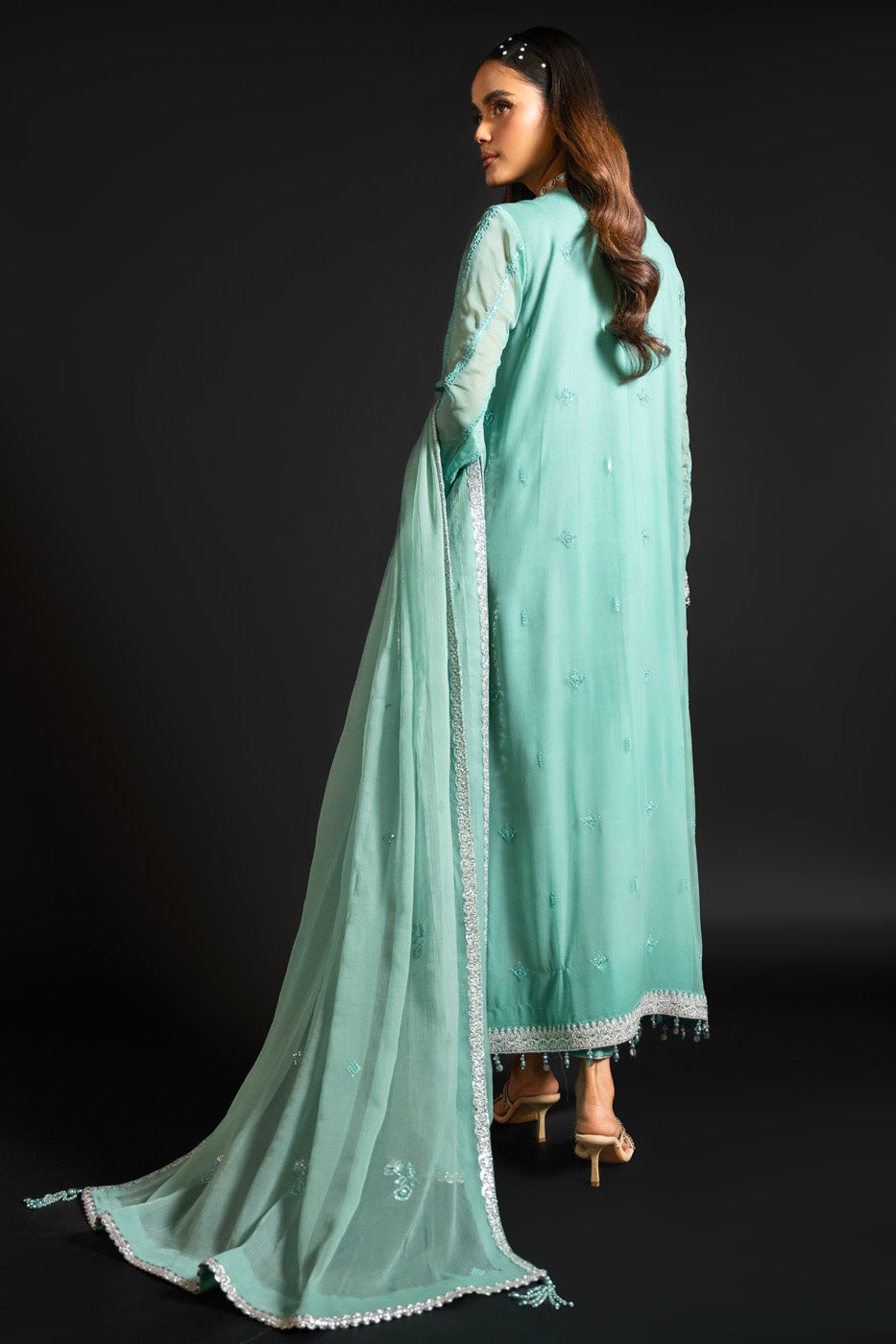 4 Pc Embroidered Chiffon Suit With Chiffon Dupatta