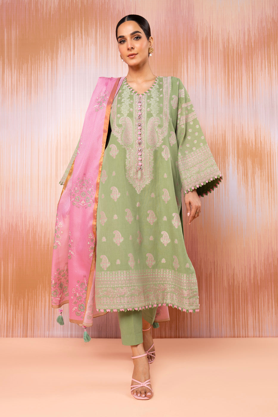 3 Pc Jacquard Suit With Zari Net Dupatta