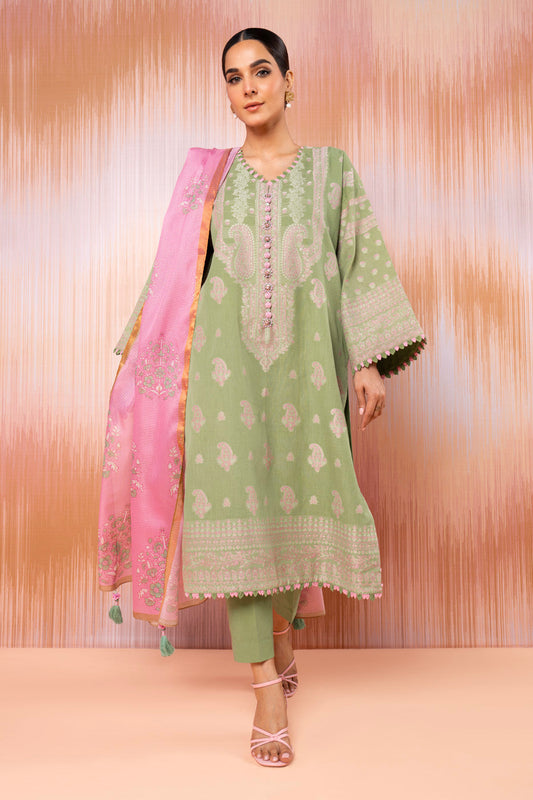 3 Pc Jacquard Suit With Zari Net Dupatta