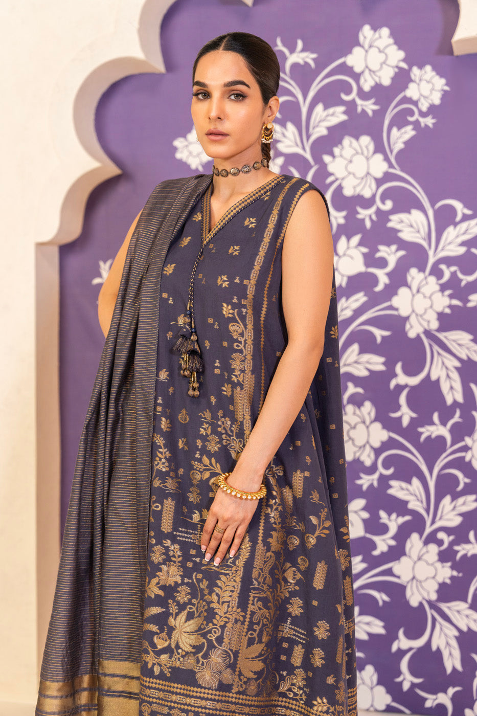 3 Pc Jacquard Suit With Yarn Dyed Dupatta