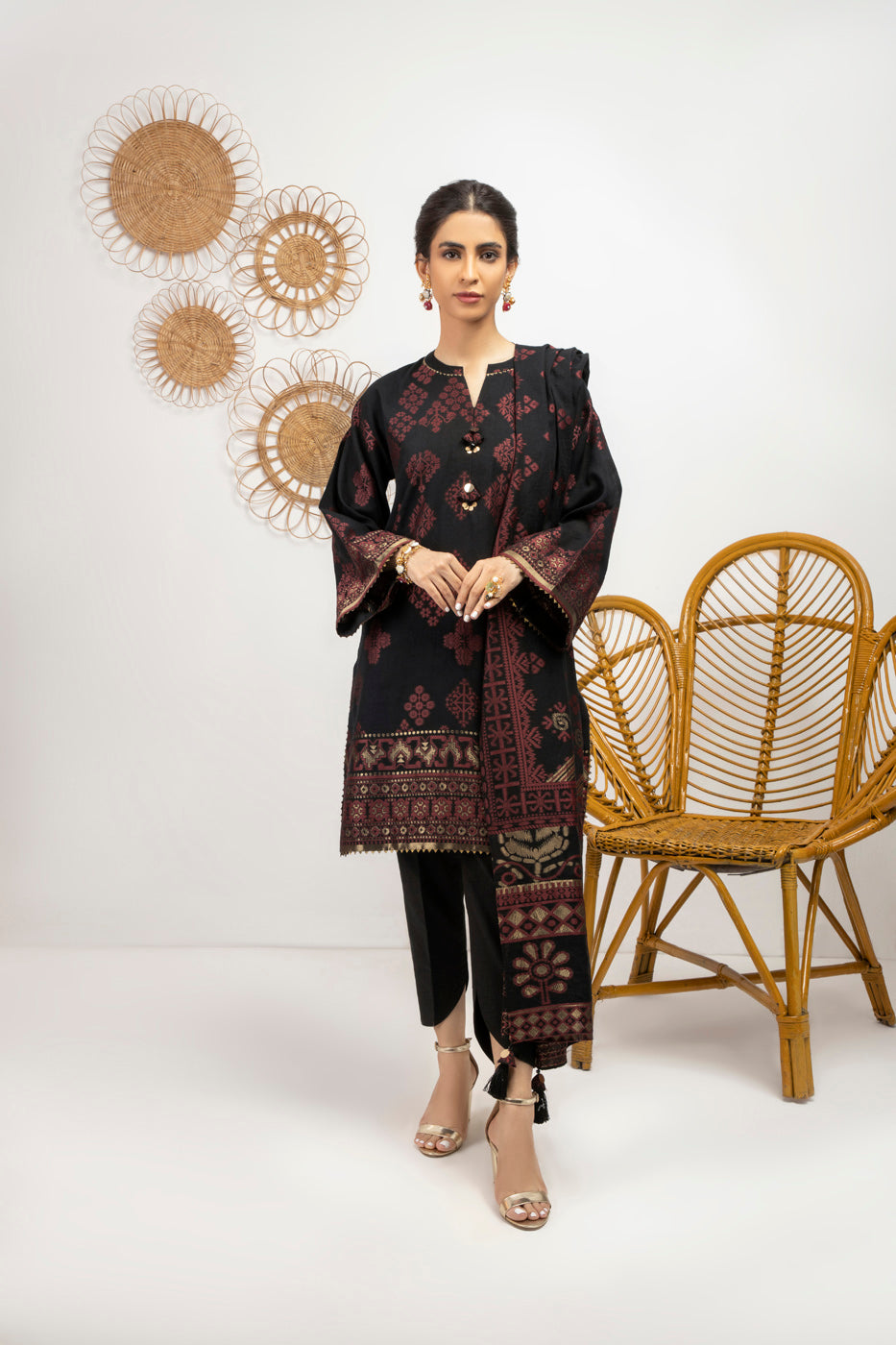 3 Pc Printed Jacquard Suit With Jacquard Dupatta