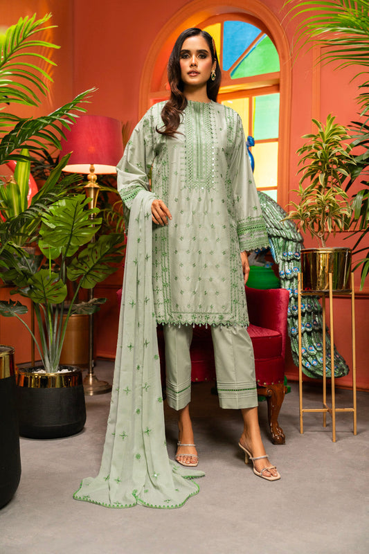 3 Pc Embroidered Lawn Suit With Chiffon Dupatta