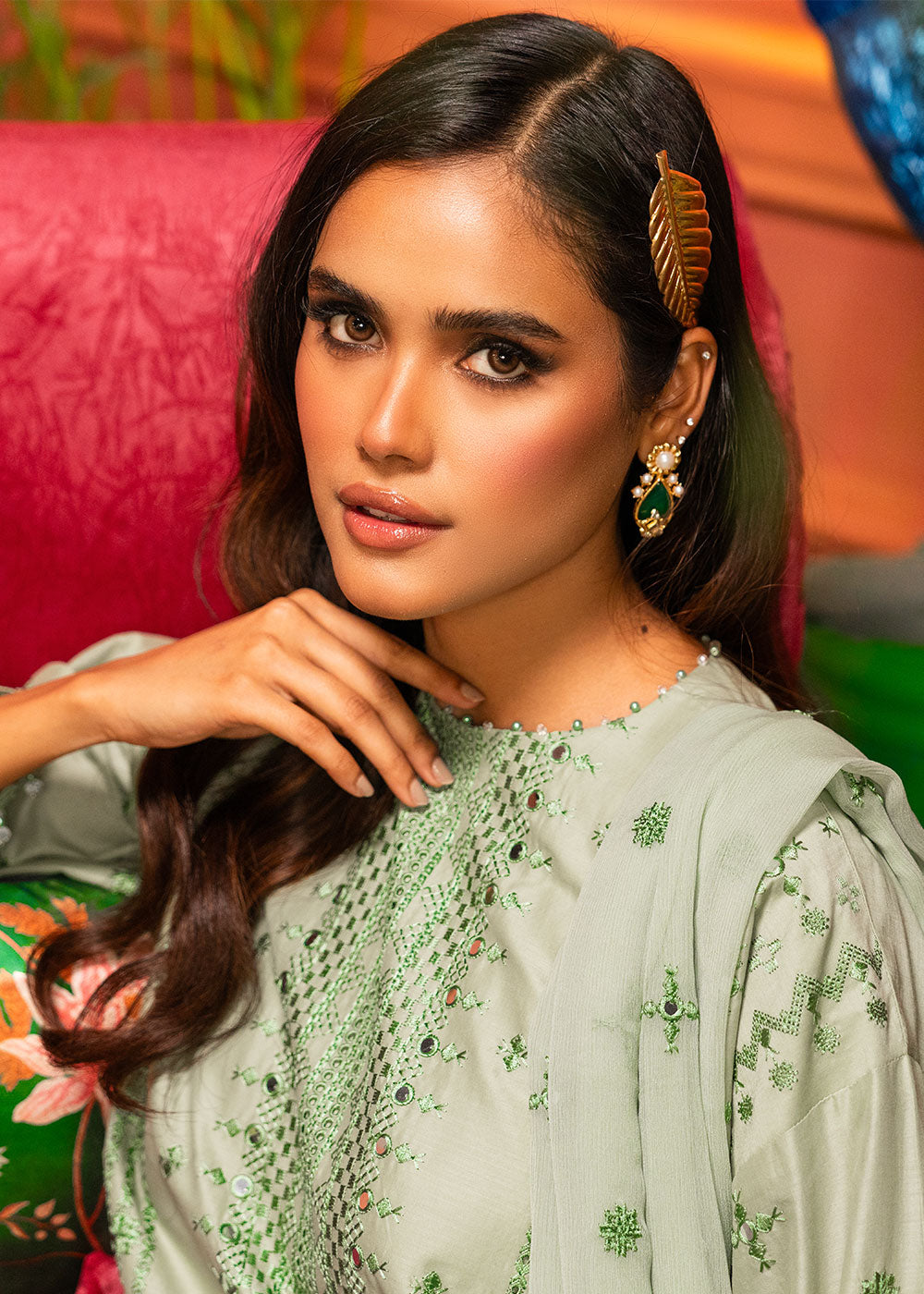 3 Pc Embroidered Lawn Suit With Chiffon Dupatta