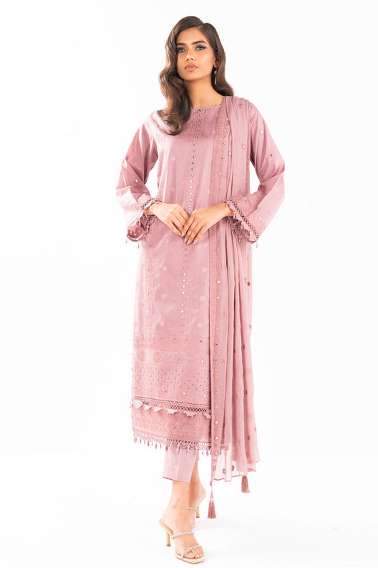 3 Pc Embroidered Lawn Suit With Chiffon Dupatta