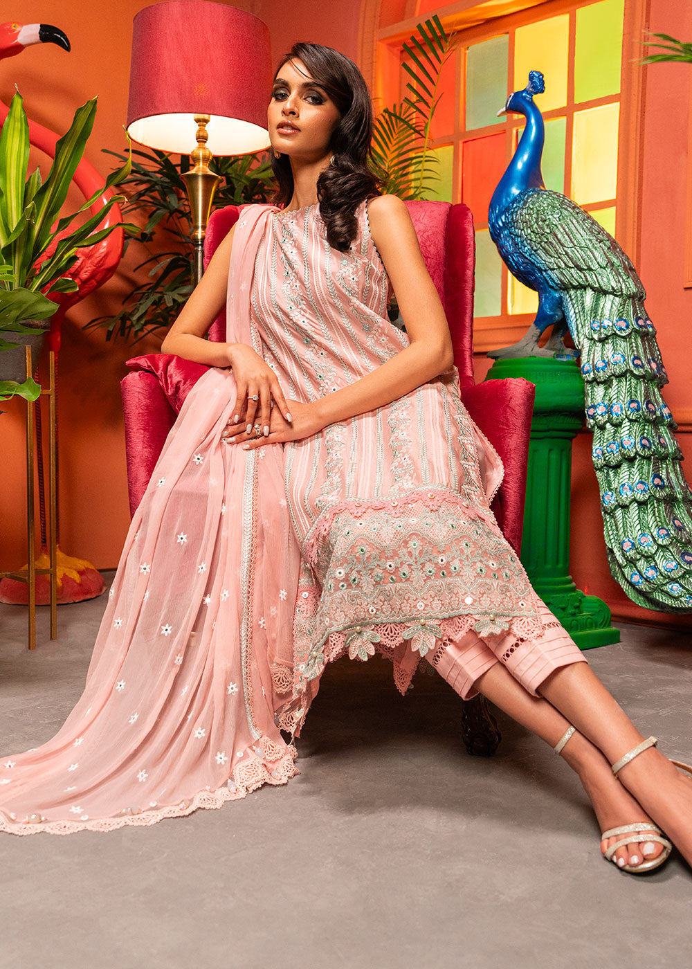 3 Pc Embroidered Lawn Suit With Chiffon Dupatta