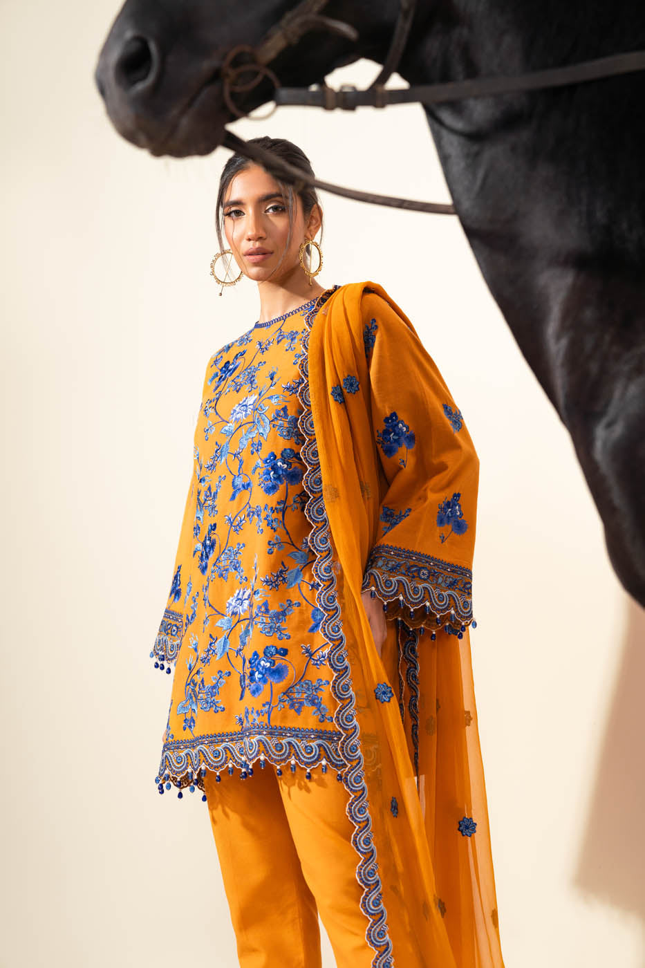 3 Pc Embroidered Khaddar Suit With Bamber Dupatta
