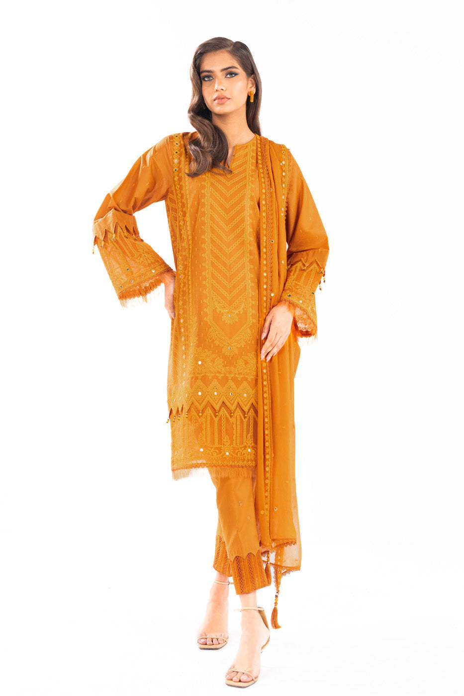 3 Pc Embroidered Lawn Suit With Chiffon Dupatta
