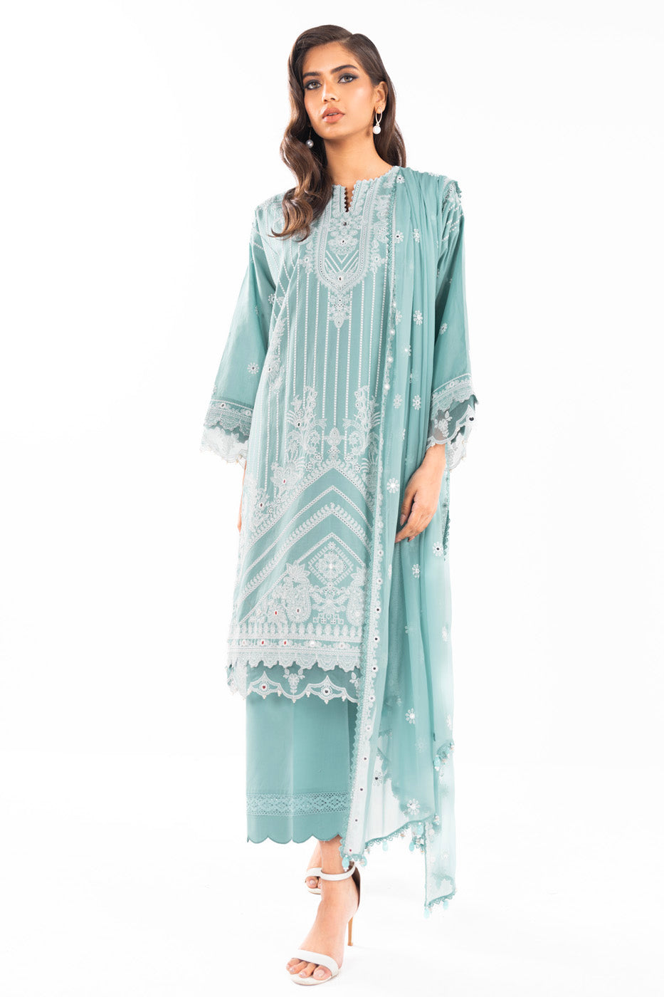 3 Pc Embroidered Lawn Suit With Chiffon Dupatta