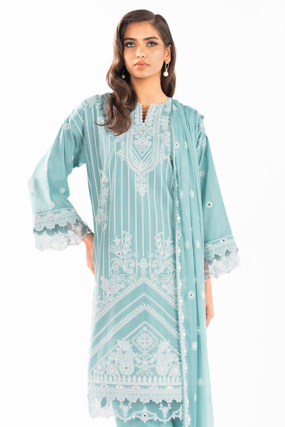 3 Pc Embroidered Lawn Suit With Chiffon Dupatta