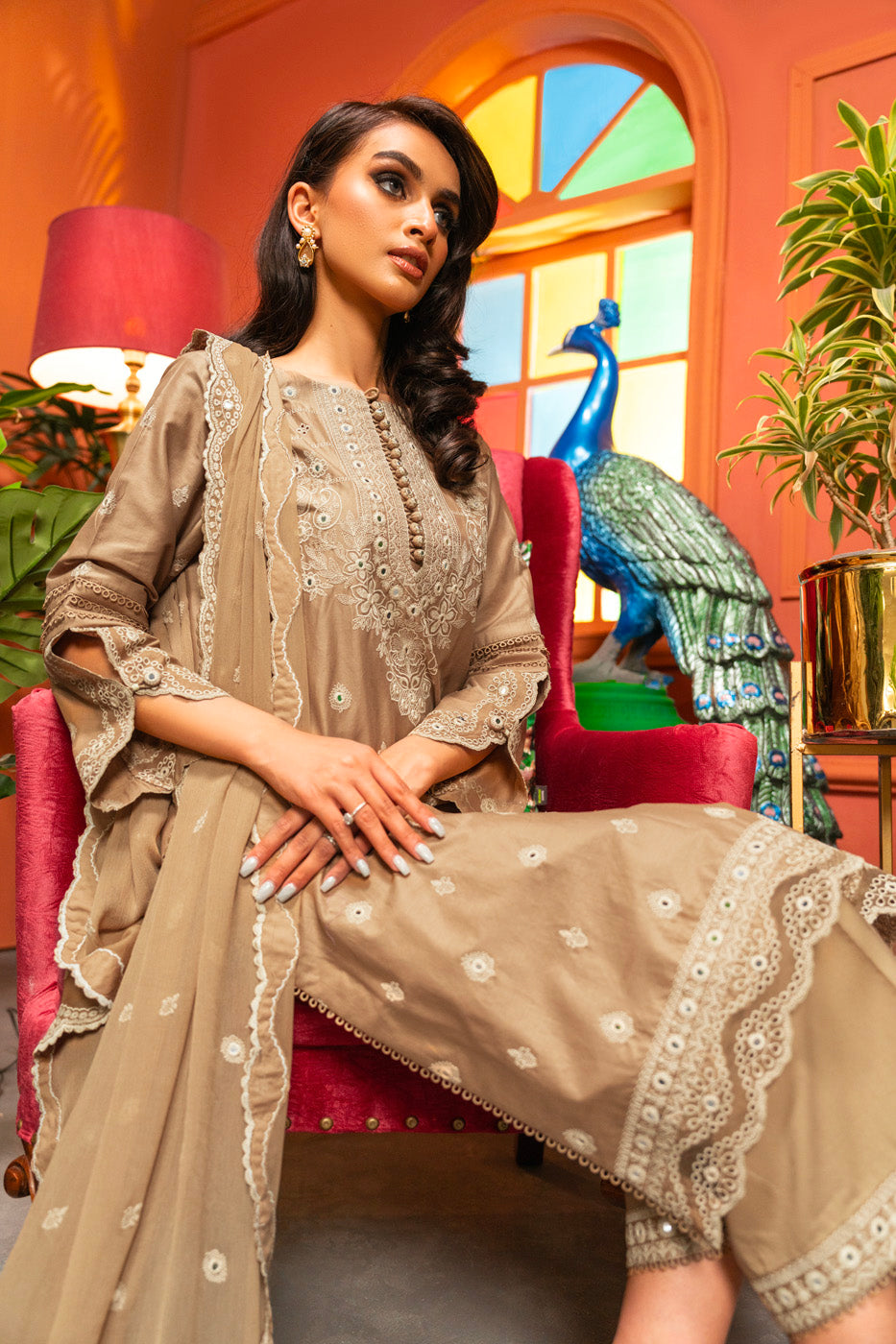 3 Pc Embroidered Lawn Suit With Chiffon Dupatta