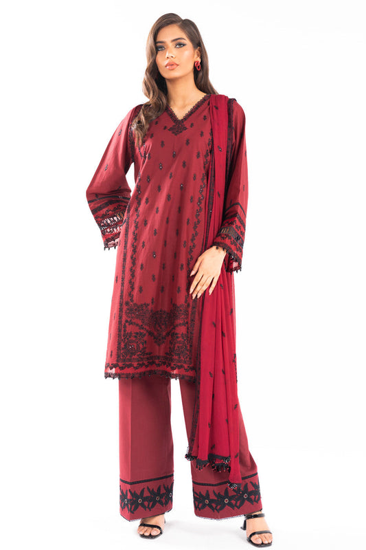 3 Pc Embroidered Lawn Suit With Chiffon Dupatta