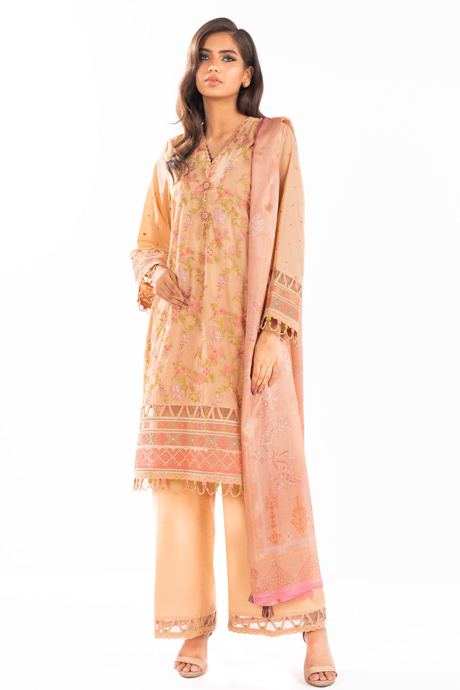 3 Pc Embroidered Lawn Suit With Tissue Silk Dupatta